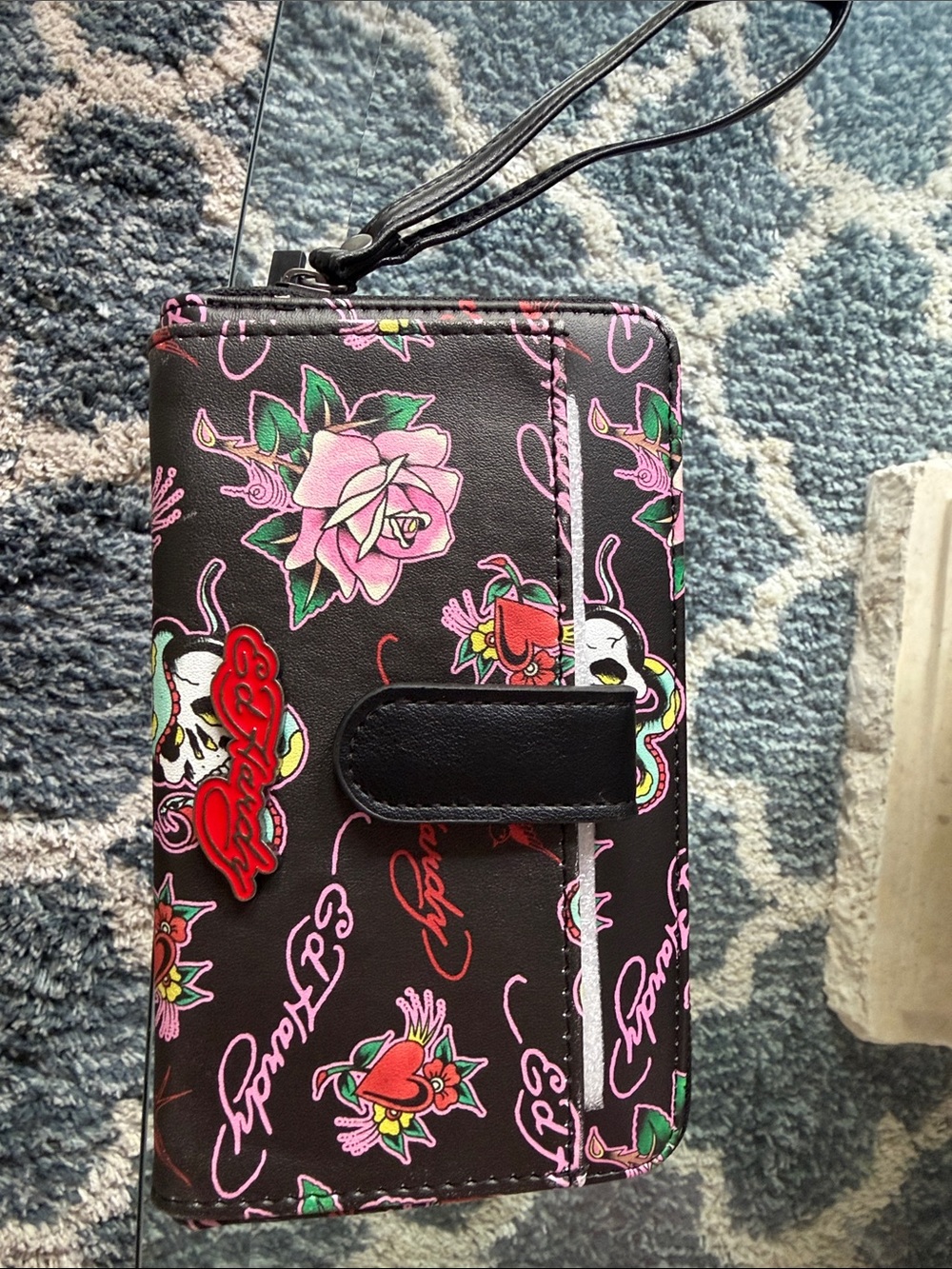 Ed Hardy Black Wristlet Phone Case with Pink Roses & Green Leaves